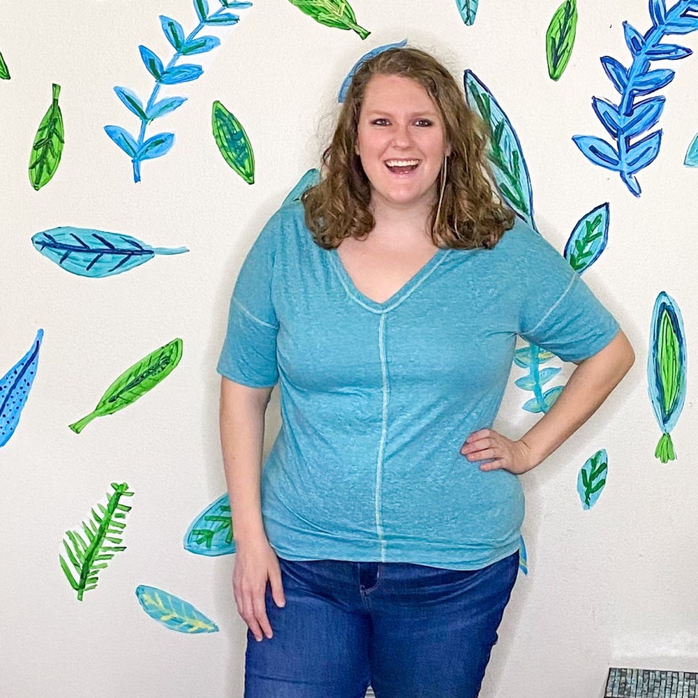 Blue/Green Triblend top with reverse stitching VNeck detail